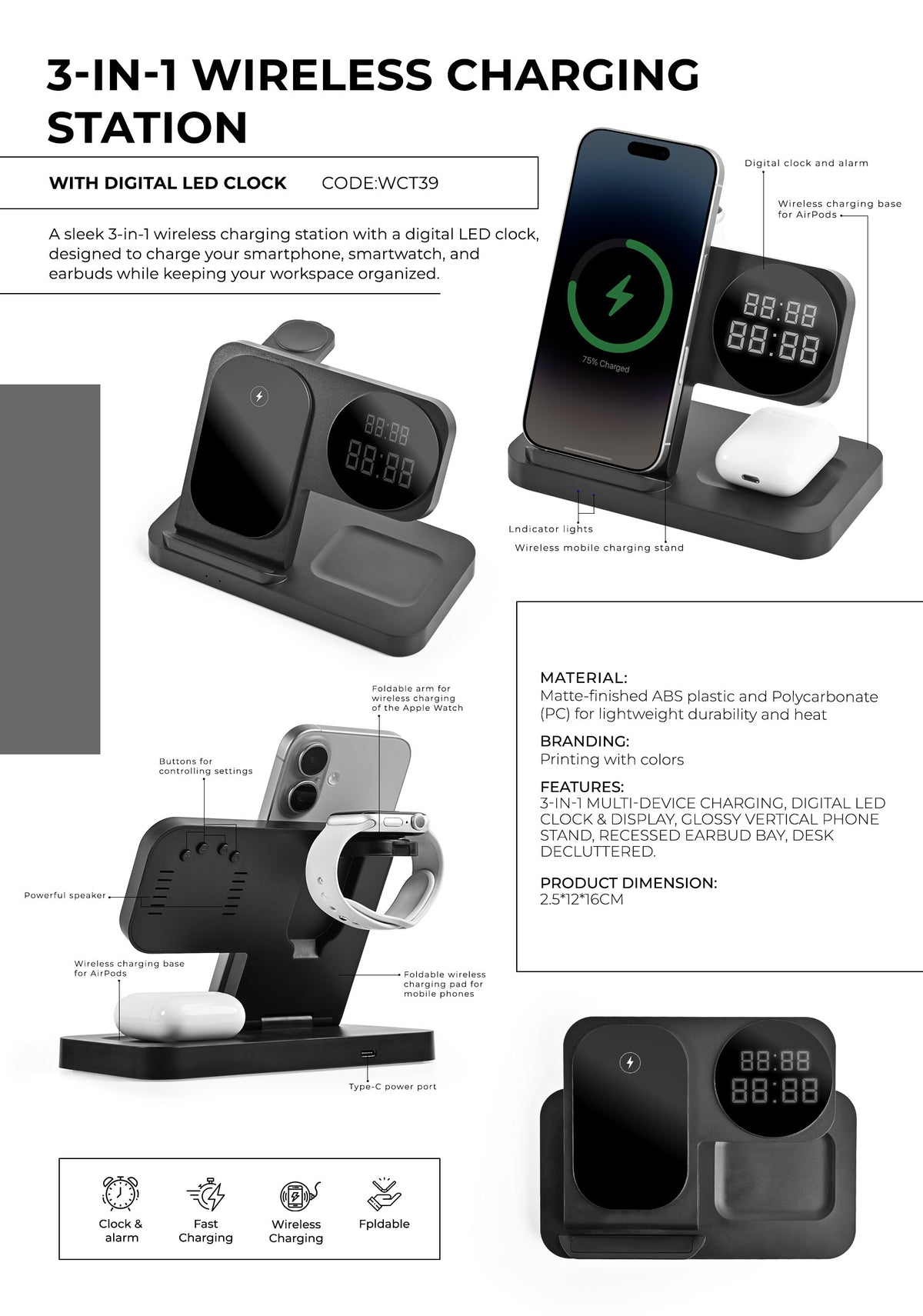 3-in-1 Wireless Charging Station with Digital LED Clock (Wct39)