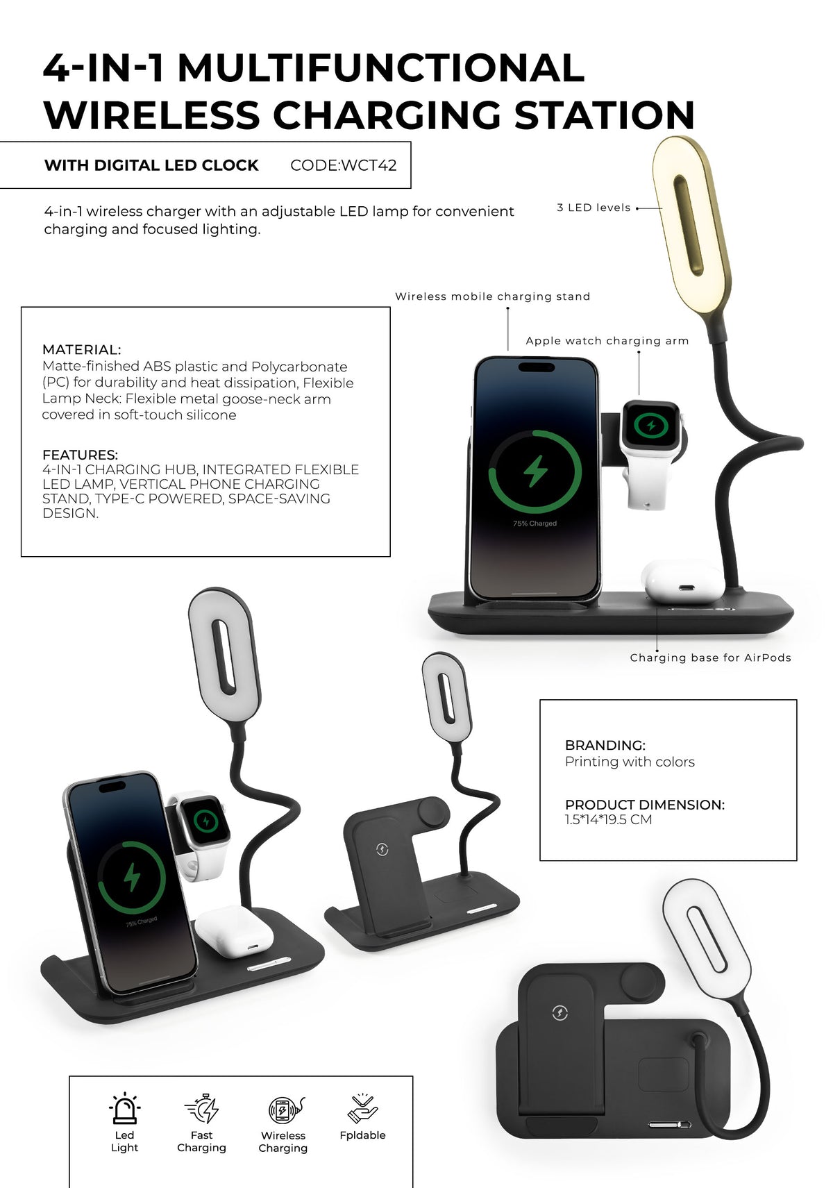 4-in-1 Multifunctional Wireless Charging Station with LED Desk Lamp (Wct42)